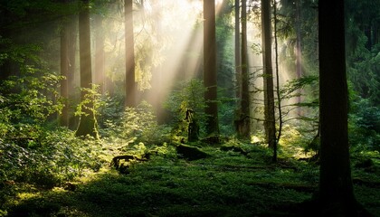 Lush green forest with sunbeams filtering through the trees, mystical atmosphere 