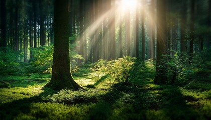 Obraz premium Lush green forest with sunbeams filtering through the trees, mystical atmosphere 