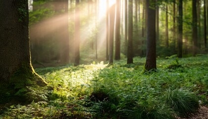 Obraz premium Lush green forest with sunbeams filtering through the trees, mystical atmosphere 