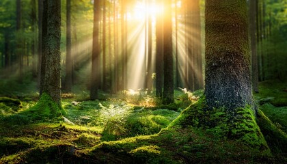 Obraz premium Lush green forest with sunbeams filtering through the trees, mystical atmosphere 