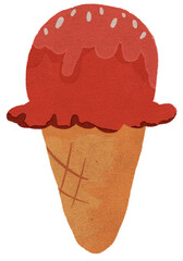 Dessert, a picture of a red ice cream cone with slightly melted cream and decorated with white sugar beads. The top of the ice cream cone has a waffle-like pattern.