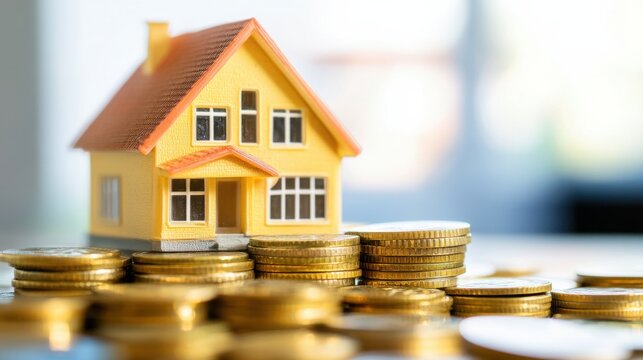 Luxury Villa Model on Neatly Stacked Dollar Coins Symbolizing High-End Real Estate and Investment Wealth in a Modern Aesthetic Setting