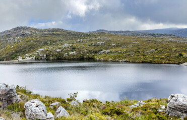 reservoir dam on top of Cape Town rugged mountains