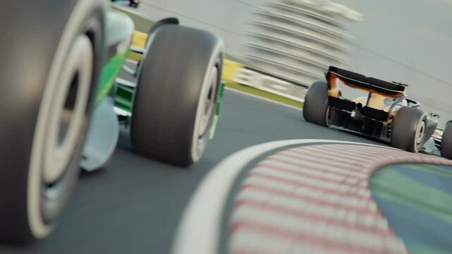 Dynamic drone shot following two generic formula one race cars. Low angle view. Drone moving from side to side. 3D animation rendering. New 2025 black and gold race car design