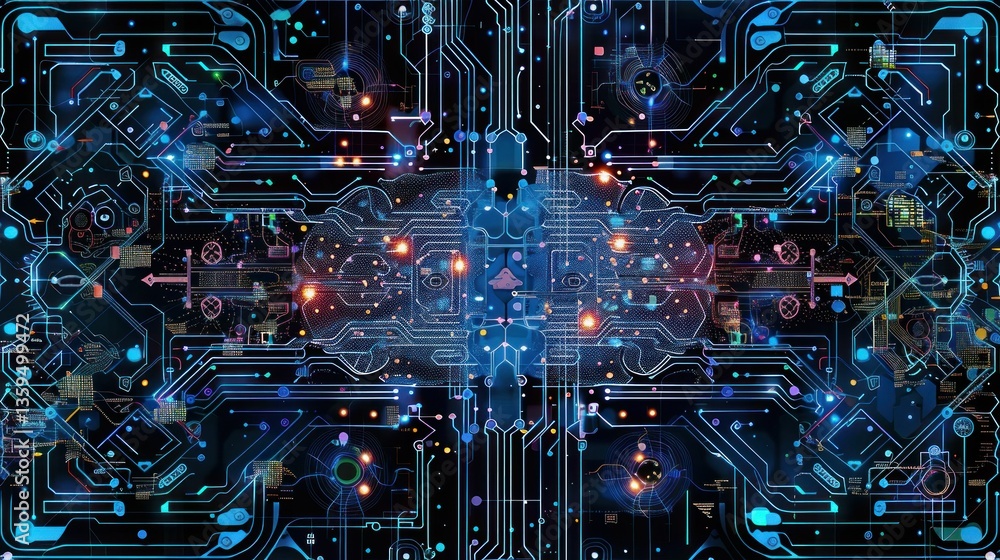 Poster machine learning technology represented as interconnected data patterns.