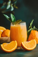 Refreshing citrus drink with fresh oranges and green leaves on a dark background