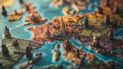 Naklejka premium Aerial view of a beautifully detailed map showcasing Europe. Vibrant colors highlight cities and landmarks. Perfect for travel enthusiasts and educators. Generative AI