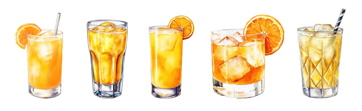 PNG Set of Screwdriver cocktail with ice cubes and orange slice garnish. Watercolor illustration of vodka and orange juice drink