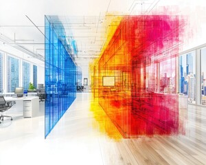 Obraz premium A modern office space featuring vibrant blue and orange translucent panels, creating a dynamic contrast in a bright, open environment.