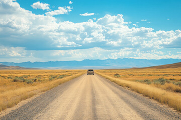A truck drives down a desert dirt road. Dust billows behind as the rugged landscape stretches endlessly under the clear blue sky.