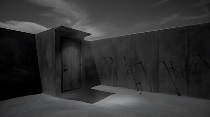A dark monochrome image depicting a doorway and walls