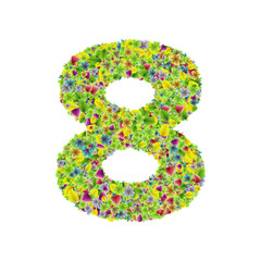Colorful botanical garden fresh leaves font, numeral 8