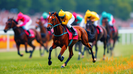 Jockeys Riding Horses in an Intense Competitive Horse Racing Event