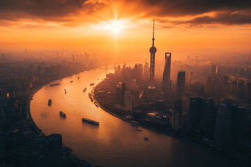 big metropolis, city on the river, with steamboats, boats, sunset, photo from above