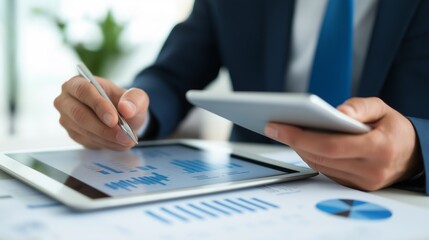 Close-up of two business professionals reviewing and signing a legal contract at a modern office desk, tablet and documents in the background