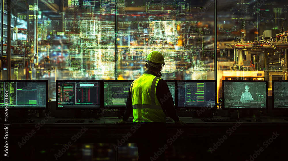 Poster worker in safety vest monitoring multiple computer screens displaying industrial data, showcasing te