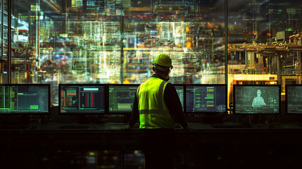 Worker in safety vest monitoring multiple computer screens displaying industrial data, showcasing technological control and advanced monitoring in a factory setting