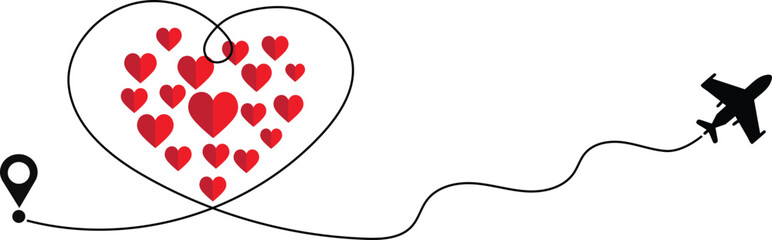 A heart shaped journey love takes flight. Airplane line path illustration.