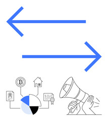 Blue arrows pointing left and right symbolizing exchange, surrounded by cryptocurrency, real estate, pie chart, certificate, and megaphone. Ideal for communication, trade, finance strategy