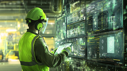 Worker in green safety gear using tablet, reviewing data on large digital screens in industrial setting, showcasing modern technology and factory automation
