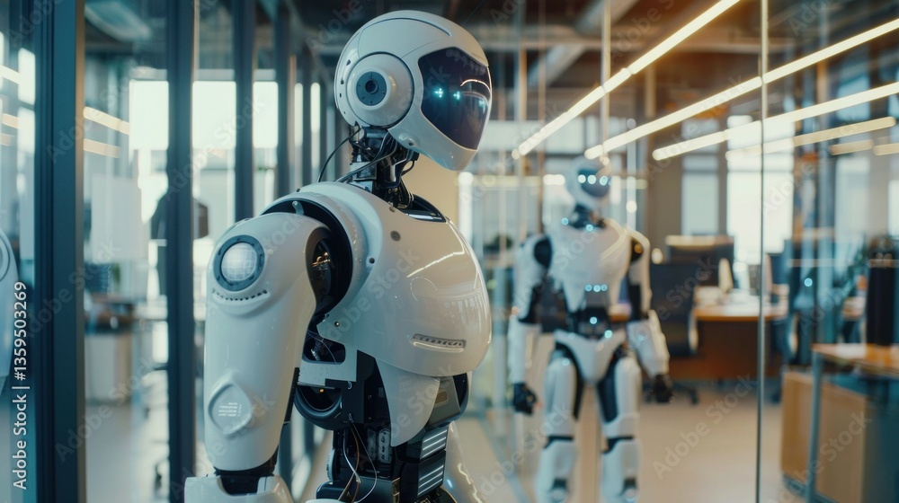 Poster robots and machine learning technology working together in an office.