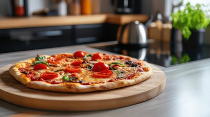 Modern Kitchen Setup Featuring an Air Fryer and Delicious Homemade Pizza in a Contemporary Culinary Environment