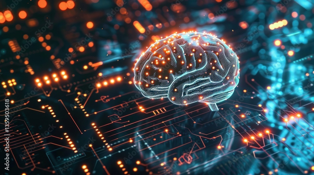 Aufkleber ai technology concept with a glowing brain and digital circuit patterns.