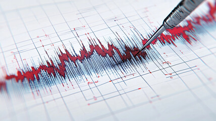 Detailed seismograph chart showing earthquake activity with oscillations and measurements