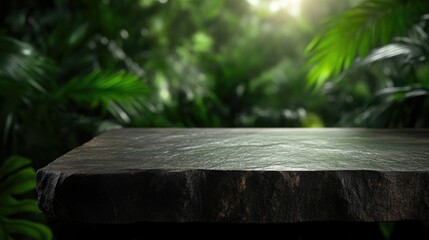 Fototapeta premium Dark wooden table in a lush jungle setting