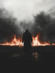 Obraz premium A cloaked figure stands before a wall of fire and smoke