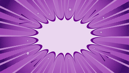 Vibrant Purple Pop Art Burst Background. Comic Style Explosion Frame. Retro Halftone Starburst Vector