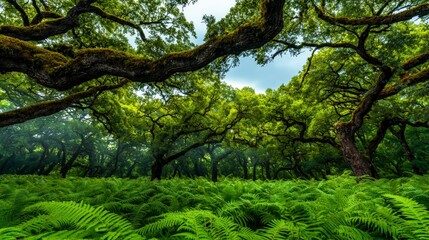 Obraz premium Lush Green Forest Ferns Ancient Trees Canopy Nature Photography