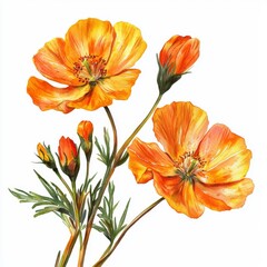 Fototapeta premium Vibrant Orange Poppy Flowers with Delicate Green Leaves in Nature's Splendor