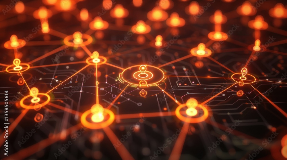 Poster artificial intelligence powered by neural networks, glowing icons.