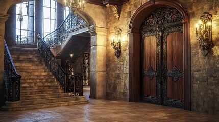 Obraz premium Castle entryway featuring a massive wooden door with iron details, a grand stone staircase, and ornate sconces lighting the space with a warm glow. 