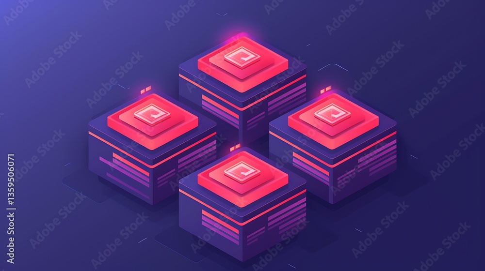 Poster four isometric blocks with illuminated tops displaying digital processes