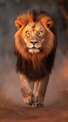 Obraz premium Majestic lion walking forward with glowing eyes in golden light