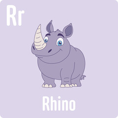 Illustration of a cartoon rhino with an adorable expression, accompanied by the letter 'R' and the word 'Rhino'.
