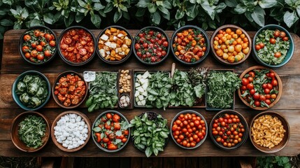 Fototapeta premium Fresh, vibrant array of colorful salad ingredients, arranged beautifully on a rustic wooden table. Various vegetables, herbs, and cheeses are showcased in bowls, ready for culinary creation