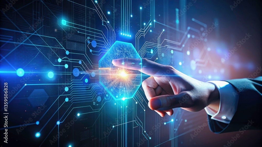 Poster ai business analytics: futuristic hand interacting with data on virtual screen