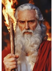 Obraz premium An elderly man is holding a flaming wooden staff outdoors