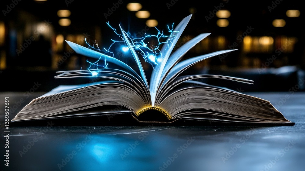 Poster captivating magic of an open book sparks imagination library digital art dark environment close-up f