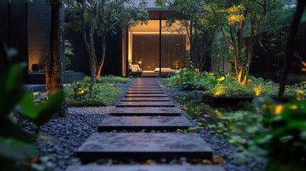 Obraz premium Modern garden pathway leads to a tranquil interior. A pathway of dark stone slabs winds through a lush garden, illuminated by subtle lighting
