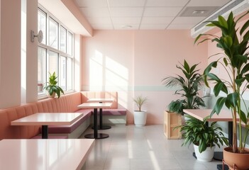 Fototapeta premium Capturing cozy coffee shop interiors urban setting photography bright modern space eye-level view aesthetic inspiration