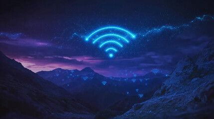 Night landscape with mountains and a large wifi symbol formed by stars in the sky, symbolizing global connectivity and access to technology even in remote areas
