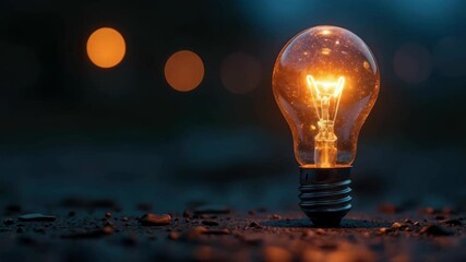 Glowing light bulb on ground, warm mood, electric illumination, saving energy concept.