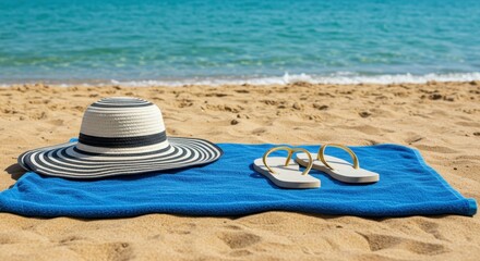 Obraz premium A cozy beach relaxation scene with a blue towel, striped sun hat and white flip-flops laid on the soft warm sand