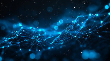 Futuristic glowing blue digital network background featuring interconnected lights on a dark space, perfect for technology, innovation, and data-driven design concepts