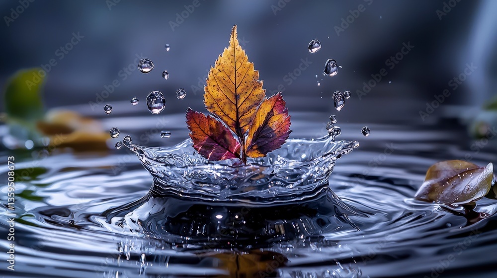 Poster leaf falling into water autumn scene nature photography calm environment close-up view serenity conc
