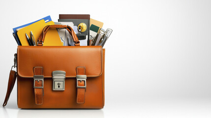 stylish brown leather briefcase filled with folders, documents, and stationery items, perfect for professionals on go